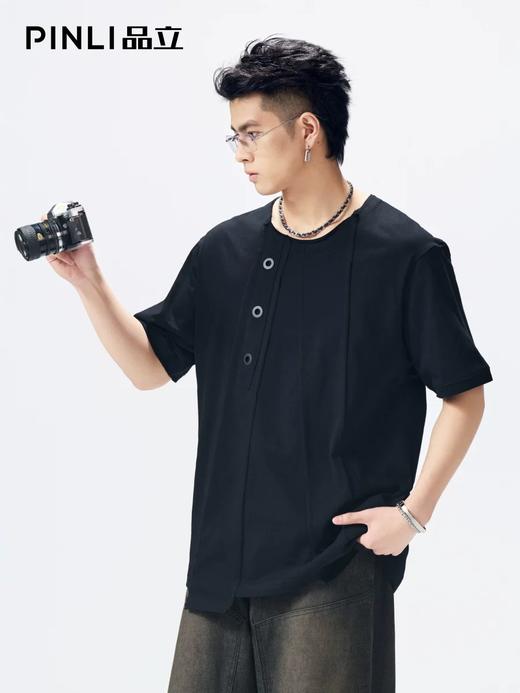 PINLI品立2026夏季新款男士宽松圆领短袖T恤纯色休闲打底上衣潮牌GD262111015 商品图0
