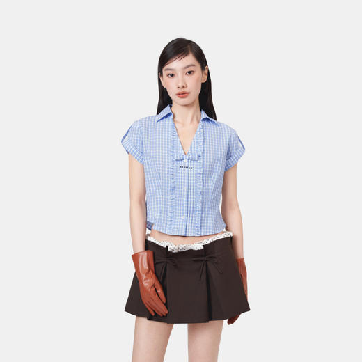 HERLIAN 2026年夏季新品蝴蝶结装饰蓝格深V法式田园女士短袖衬衫 商品图2