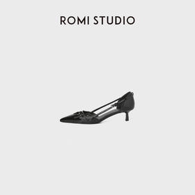 ROMI STUDIO“法式气质”漆面羊皮革尖头细跟黑色高跟鞋RWDRP33158
