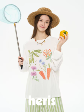 heris/H61129/假日果蔬印花 薄透雪花棉针织 宽松大版型长T防晒