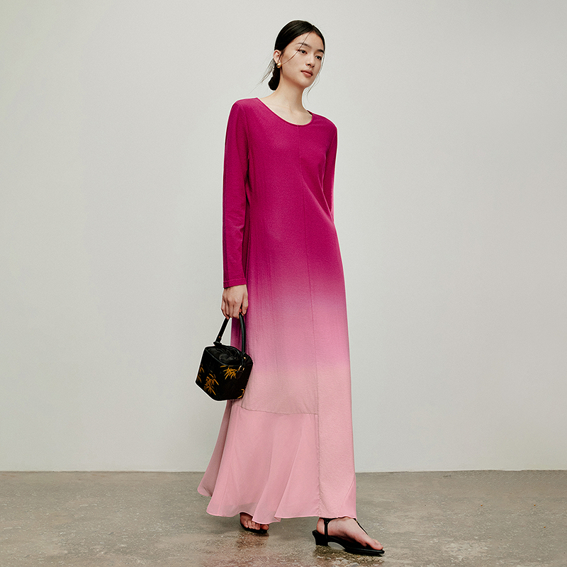 【林栖设计小店】国色芳华|洛阳牡丹红渐变飞片拼接2026春新款优雅连衣裙T1961398