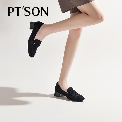 【土豆妈同款】百田森PYQ2C690黑色乐福鞋女粗跟方头法式英伦深口单鞋 商品图2