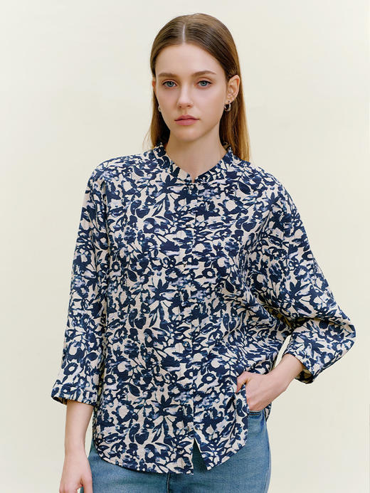 【桑蚕丝碎花衬衫】26年春夏新品女士七分袖真丝薄款不对称上衣 商品图1