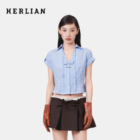 HERLIAN 2026年夏季新品蝴蝶结装饰蓝格深V法式田园女士短袖衬衫