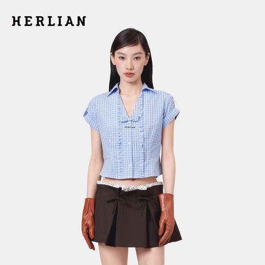 HERLIAN 2026年夏季新品蝴蝶结装饰蓝格深V法式田园女士短袖衬衫 商品图0