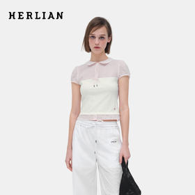 HERLIAN 2026年夏季新品蝴蝶结装饰假两件上衣女士修身翻领短袖