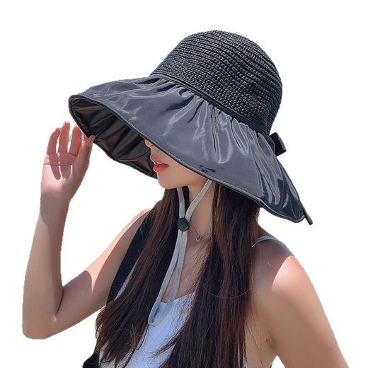 遮阳防晒帽夏季黑胶新款蝴蝶结渔夫帽防紫外线大檐遮脸帽檐太阳帽 商品图4