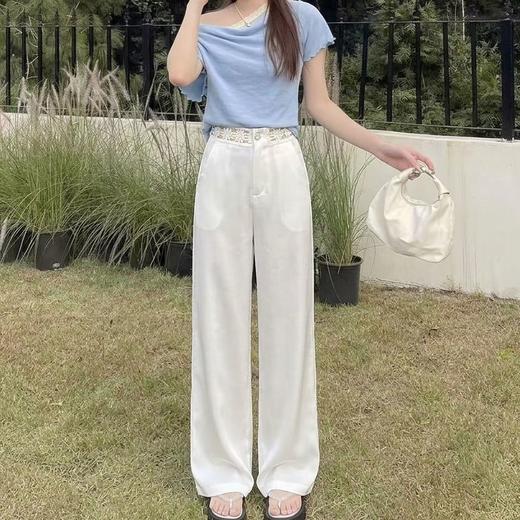 扶光白芷~100%亚麻高腰修身白色蕾丝阔腿裤女气质百搭垂感休闲裤 商品图1