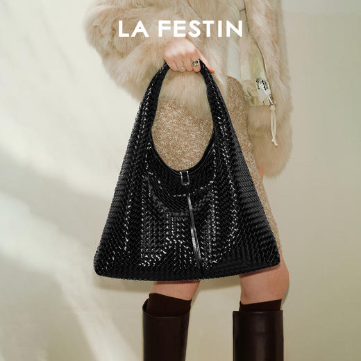 拉菲斯汀 织织包大容量通勤单肩腋下包黑色编织手提包 商品图4