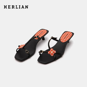 HERLIAN 2026年夏季新品H花夹脚方头高跟拖鞋时尚百搭凉鞋