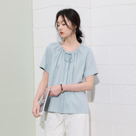【莱赛尔】三彩2026夏季新款纯色小衫系带宽松上衣简约S 商品图3