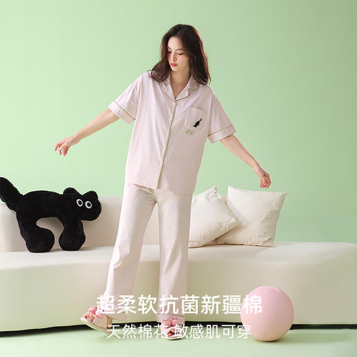抗菌新疆棉 甜美系春夏季短袖长裤开衫睡衣女拉架纯棉韩版套装 商品图2