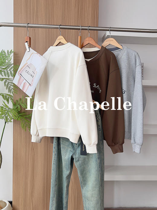 专柜实拍【花语卫衣！】拉夏贝尔/La Chapelle美式复古拼色圆领字母印花设计慵懒感三色长袖廓形卫衣 商品图1