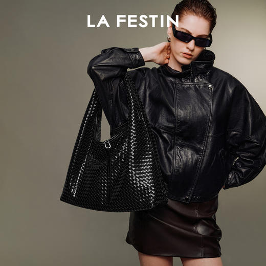 拉菲斯汀 织织包大容量通勤单肩腋下包黑色编织手提包 商品图1