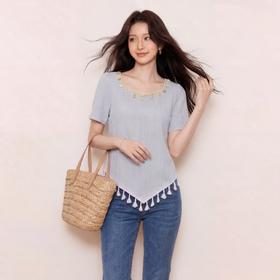 奢姿大码女装2026夏季时尚肌理方领针织衫胖妹妹不规则流苏上衣9962136052
