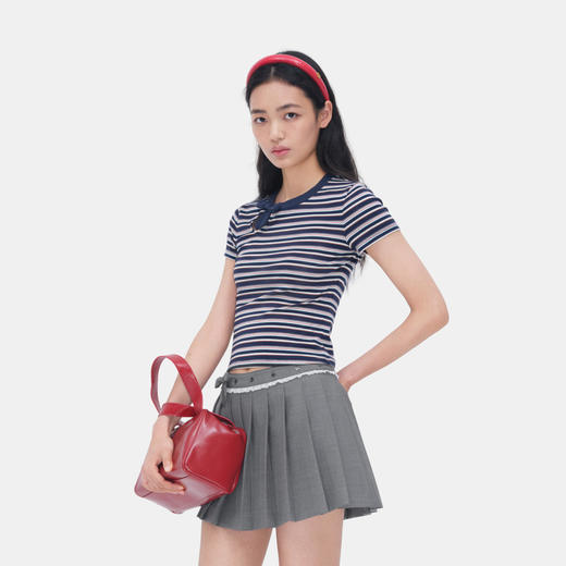 HERLIAN 2026年夏季新品条纹蝴蝶结女士修身百搭短袖T恤 商品图1