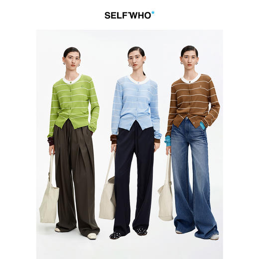 SELFWHO复古撞色镂空条纹针织开衫女2026春新款收腰显瘦圆领上衣 商品图1