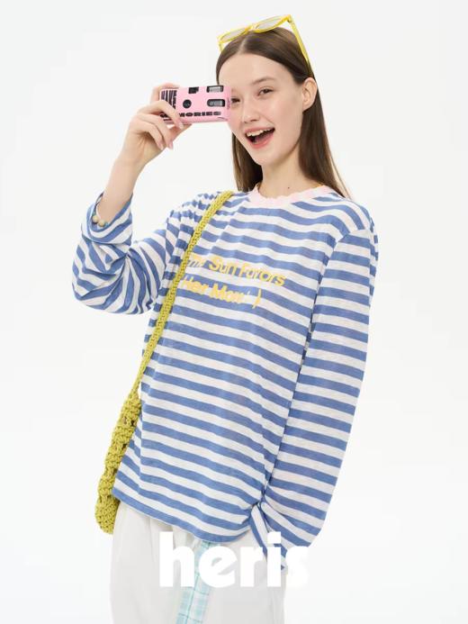 heris/H61112/彩色标语植绒印花 清爽彩色条纹 薄透针织长袖T防晒 商品图0