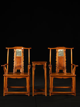 二十世纪 黄花梨镶云石三攒靠背独板座面四出头官帽椅成套（两椅一几）