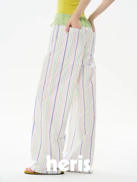heris/H61130/色彩假日条纹 撞色拼接腰头 窄版直筒中低腰抽绳裤显瘦 商品图4