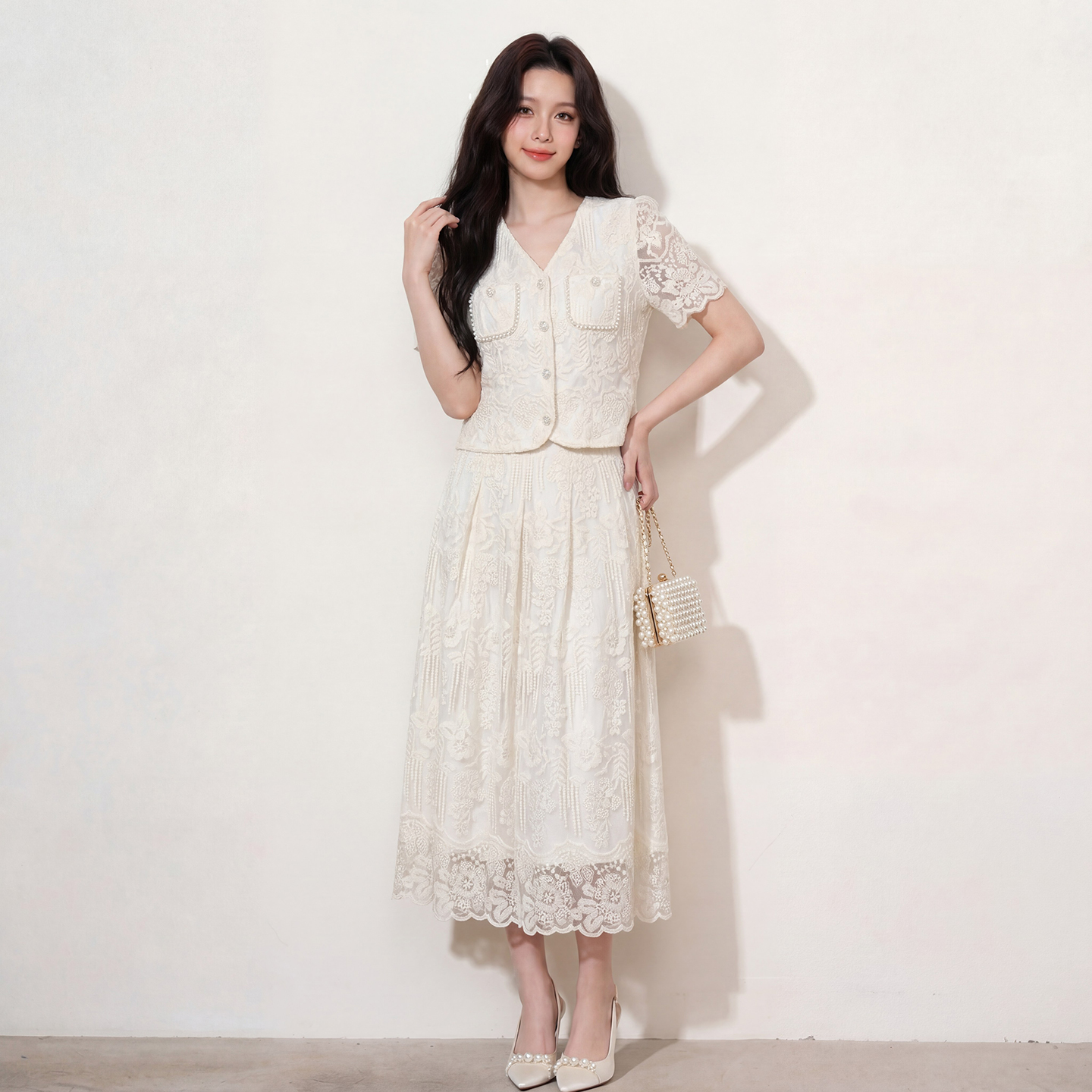 奢姿大码2026夏季重工蕾丝刺绣小香风两件套胖妹妹遮肉气质套装9962960128