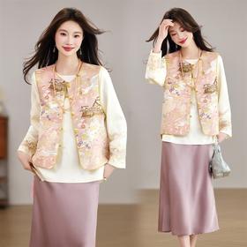新中式洋气两面穿圆领马甲+刺绣衬衫打底两件套