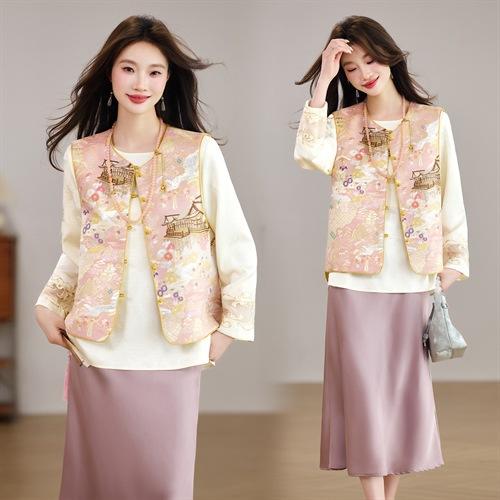新中式洋气两面穿圆领马甲+刺绣衬衫打底两件套 商品图0