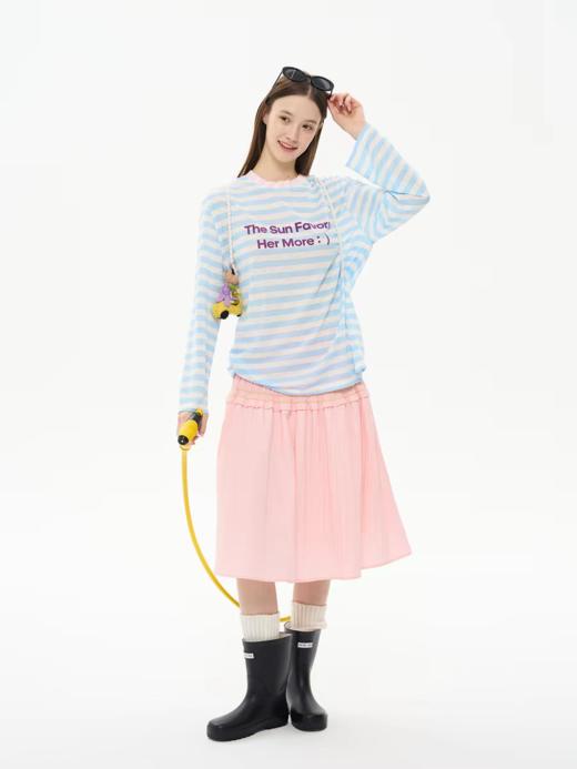 heris/H61112/彩色标语植绒印花 清爽彩色条纹 薄透针织长袖T防晒 商品图1