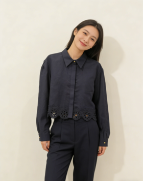 G2000女装SS26商场新款【BLACK]莱赛尔麻短款长袖衬衫61947017