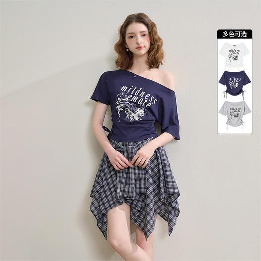 美式复古辣妹斜肩露肩印花短袖T恤女夏季收腰抽褶上衣LXD50890 商品图0