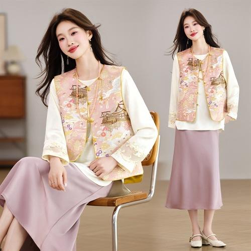 新中式洋气两面穿圆领马甲+刺绣衬衫打底两件套 商品图1