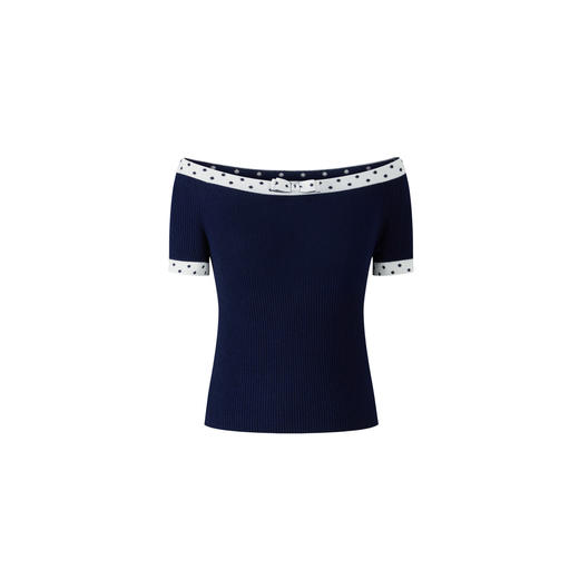 HERLIAN 2026年夏季新品修身一字领露肩蝴蝶结撞色女士针织衫短袖 商品图4