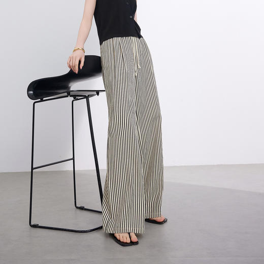 三彩2026夏季新款休闲裤条纹高腰宽松阔腿裤长裤慵懒轻薄M 商品图1