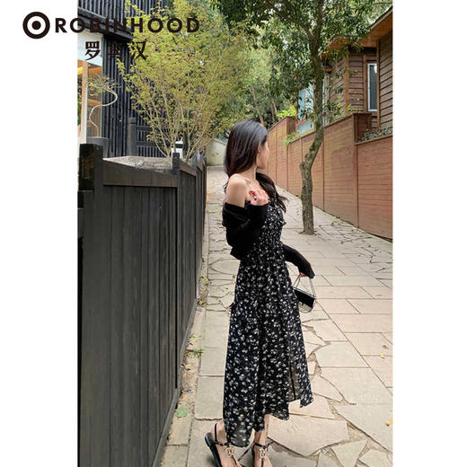 罗宾汉【风感波粒】薄荷曼波时尚气质吊带碎花开叉连衣裙-R241Q6021 商品图2