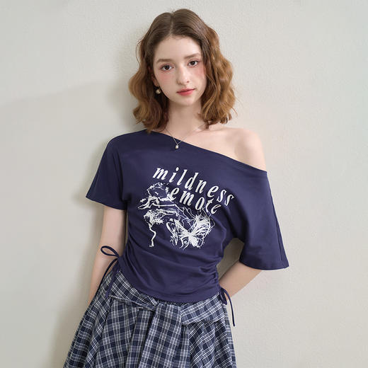 美式复古辣妹斜肩露肩印花短袖T恤女夏季收腰抽褶上衣LXD50890 商品图3