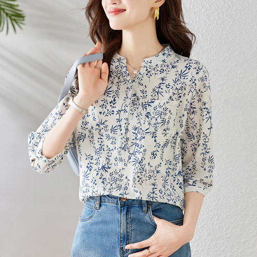 姹弥纯棉青花瓷衬衫 |青花瓷植物柳条印花，上身气质爆了！ 商品图2