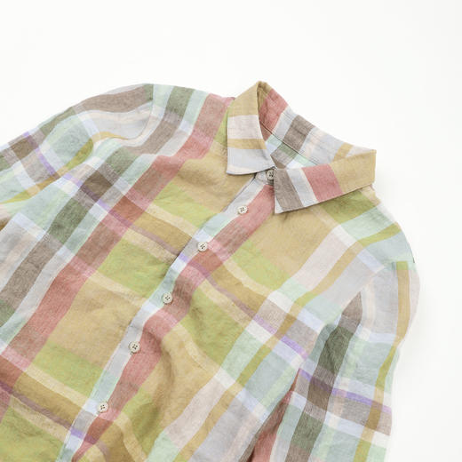 ROMI STUDIO“复古色彩”100%亚麻格纹撞色翻领开襟衬衫 RWDSS62306 商品图2