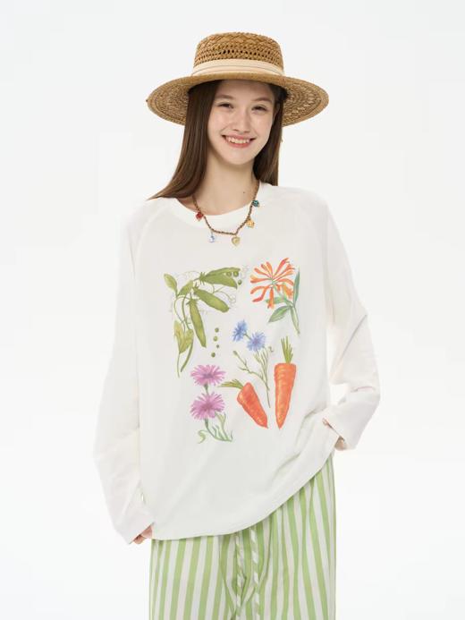 heris/H61129/假日果蔬印花 薄透雪花棉针织 宽松大版型长T防晒 商品图1