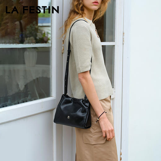 拉菲斯汀 小福袋包头层牛皮黑色女包斜挎包小众流浪包 商品图1