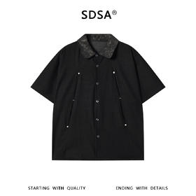 SDSA男装2026新款高贵轻奢韩系铆钉拼接翻领短袖衬衫百搭时尚上衣