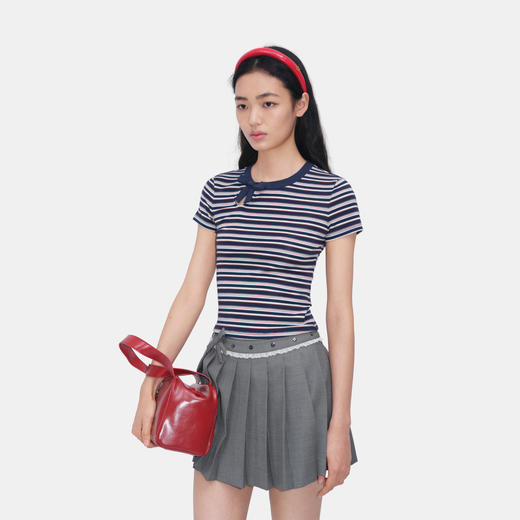 HERLIAN 2026年夏季新品条纹蝴蝶结女士修身百搭短袖T恤 商品图2
