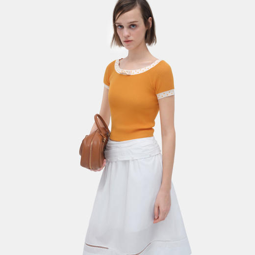 HERLIAN 2026年夏季新品修身一字领露肩蝴蝶结撞色女士针织衫短袖 商品图2