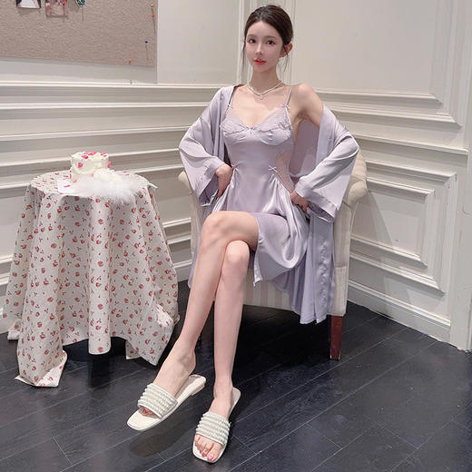 【纯欲性感！冰丝面料】性感睡衣女v字领带胸垫两件套睡衣 网红吊带露背睡裙睡袍家居服。xb 商品图2