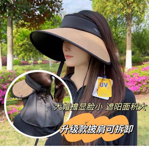 加大帽檐遮阳防晒帽女夏护披肩防紫外线骑车草编空顶太阳帽可折叠 商品图1