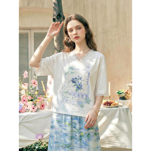 两三事梵高文艺浅昼微澜2026夏季新款小清新印花蕾丝拼接棉t恤女 商品图1