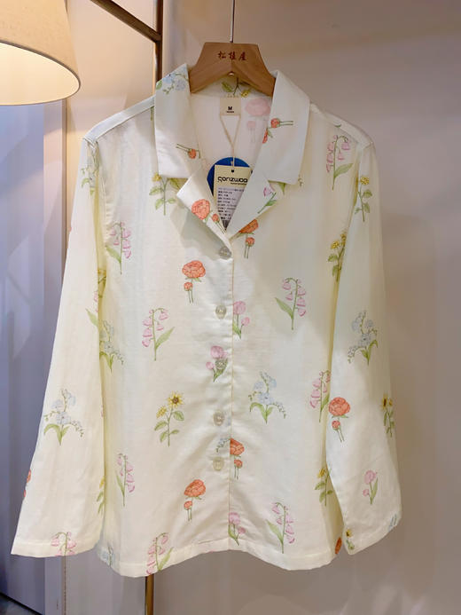 松植屋《铃兰》女士纱布翻领长袖长裤套装女款翻领开衫版睡衣 商品图1