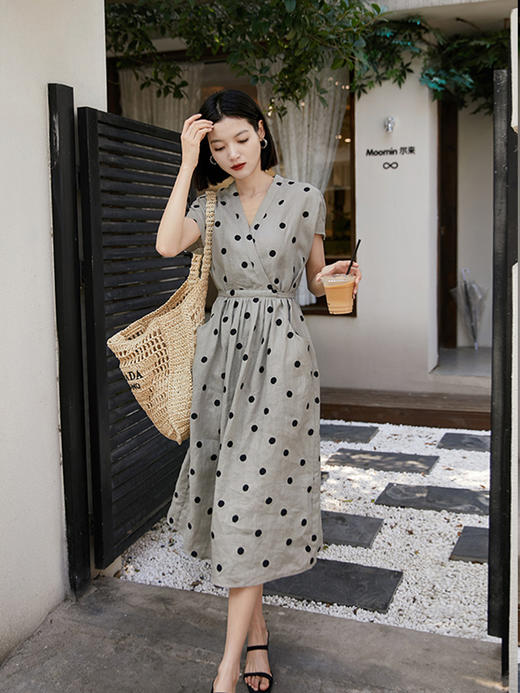 【清仓】姹弥·夏日出游灰底波点亚麻连衣裙 清透氧气感轻法式风 商品图2