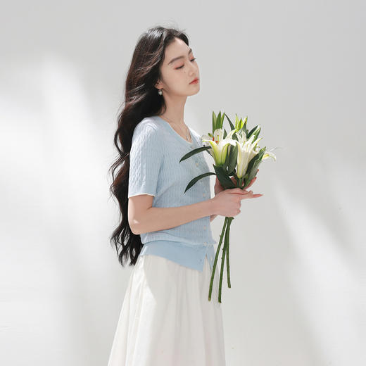 【莱赛尔】三彩2026夏季新款绞花针织衫圆领毛衫短袖开衫M 商品图2