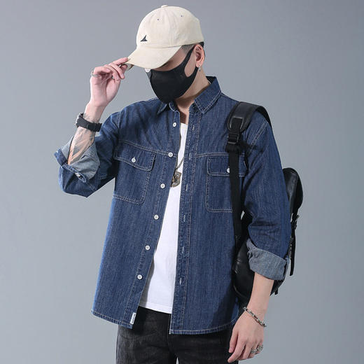 【DYG】大依优型大码男装潮牌牛仔衬衫纯色翻领休闲牛仔衬衫棉质外套 商品图1