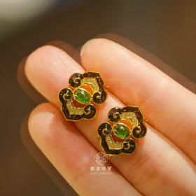 龢盒原创 银镶天然祖母绿黑玛瑙耳钉